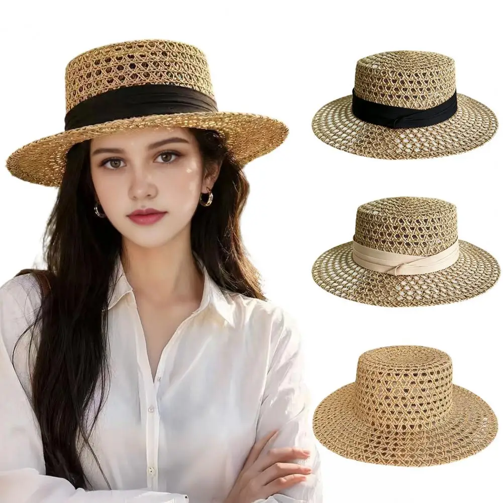 Retro British Style Fedora Women Straw Hat with Satin Ribbon Wide Brim Breathable Sun Hat Summer Beach Vacation Flat for Women
