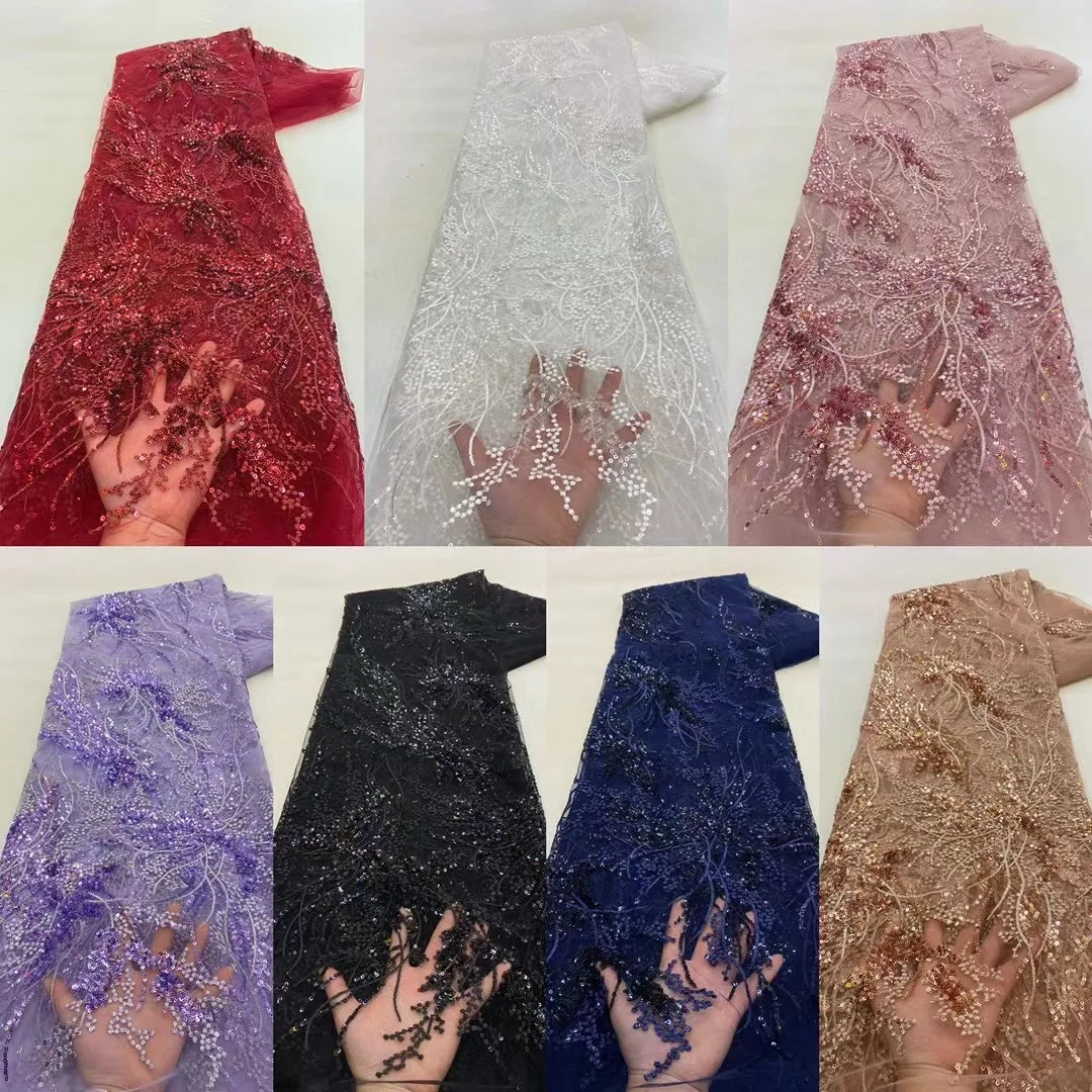 African French Sequined Lace Fabrics 2023 High Quality Tulle Lace 5 Yards Nigerian Embroidered Dress Material For Party Wedding