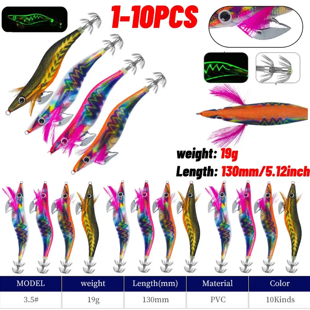 1-10PCS Luminous Fishing Lure Glow in Dark 19g Squid Hook 13cm Artificial Jigging Lures 3D Eyes Slow Sinking for Night Fishing