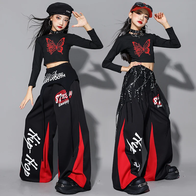 Girl Jazz Group Clothes Sets Hip Hop Sequin Crop Sweatshirt Cargo Pants Child Street Dance Costume Kids K-pop Streetwear Outfits