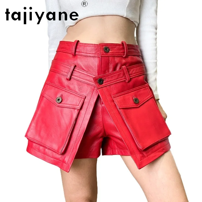 TAJIYANE Genuine Sheepskin Women's Shorts Leather Shorts Double Waistband Shorts for Woman Chic Bootyshorts Шорты Big Pockets
