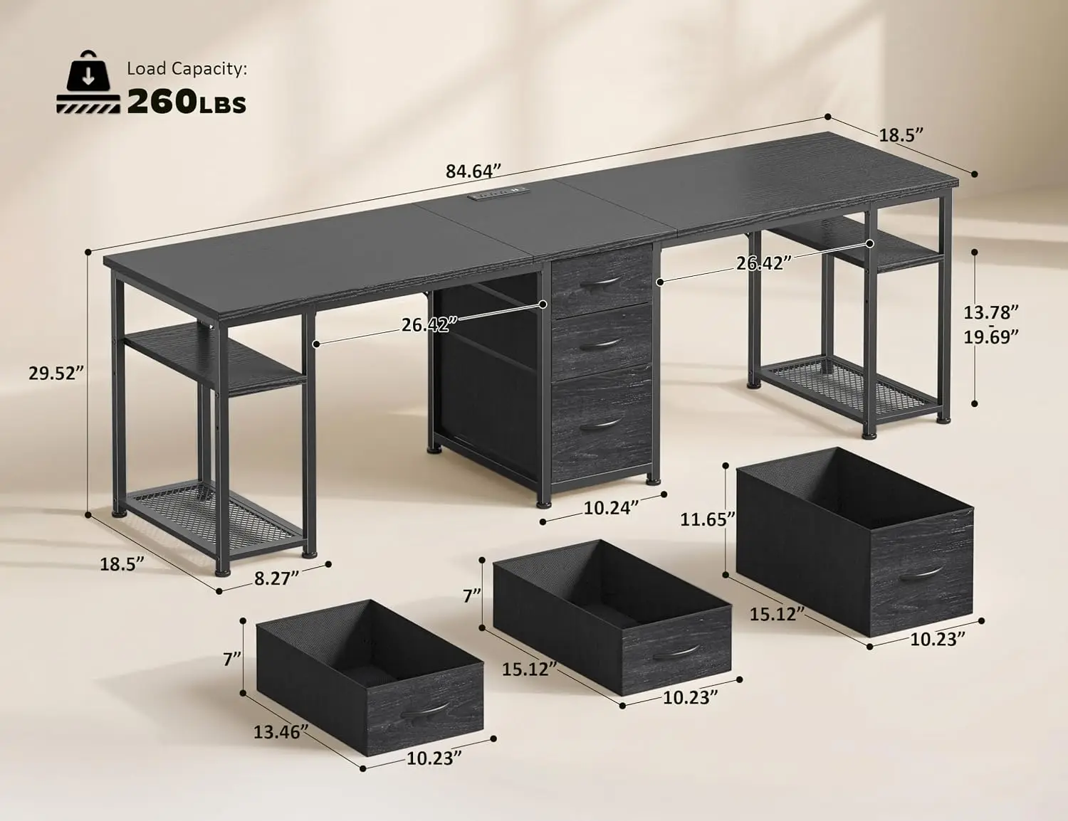 84.6 Inch 2 Person Computer Desk with 3 Drawers for Bedroom,Black | Long Office Desk with Power Outlet, 4-Tier Open, Customized