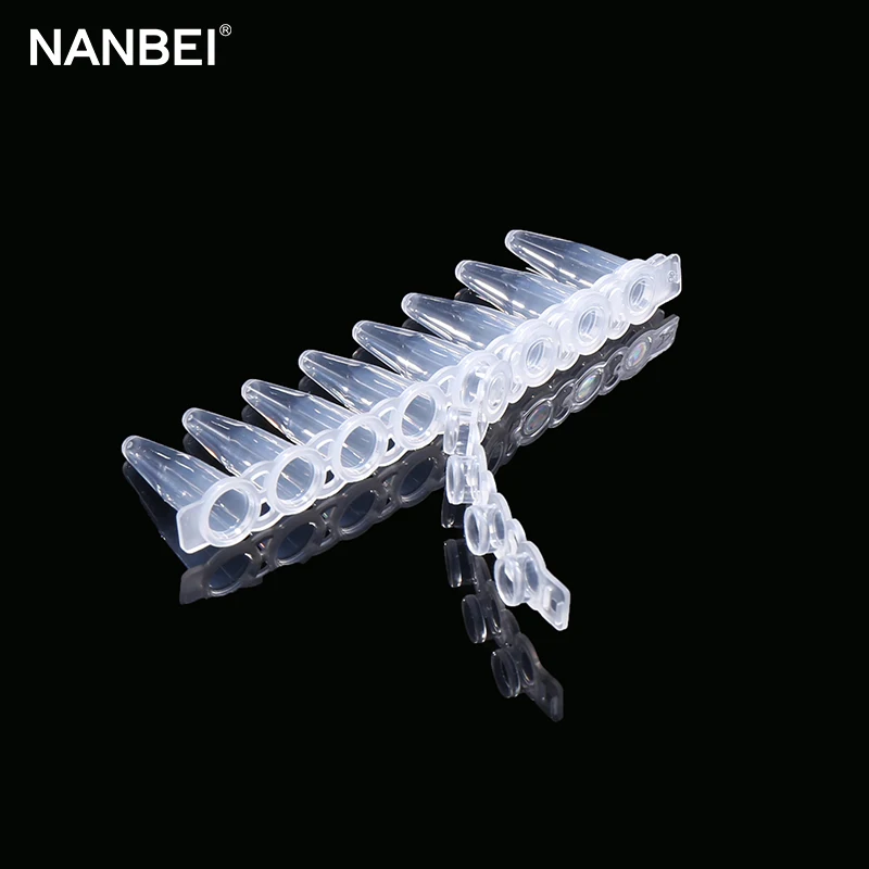 NANBEI lab supplier 0.1ml 0.2ml clear flat top 8-strip plastic tubes pcr strips for  system