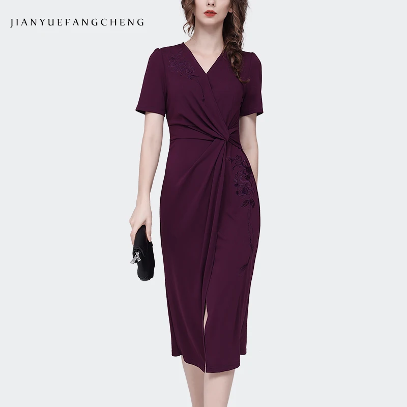 Elegant Fashion Women\' Summer Embroidered Short Sleeve V-neck Purple Dress Sexy Ladylike Cinched Waist Knee-length Wrap Dresses