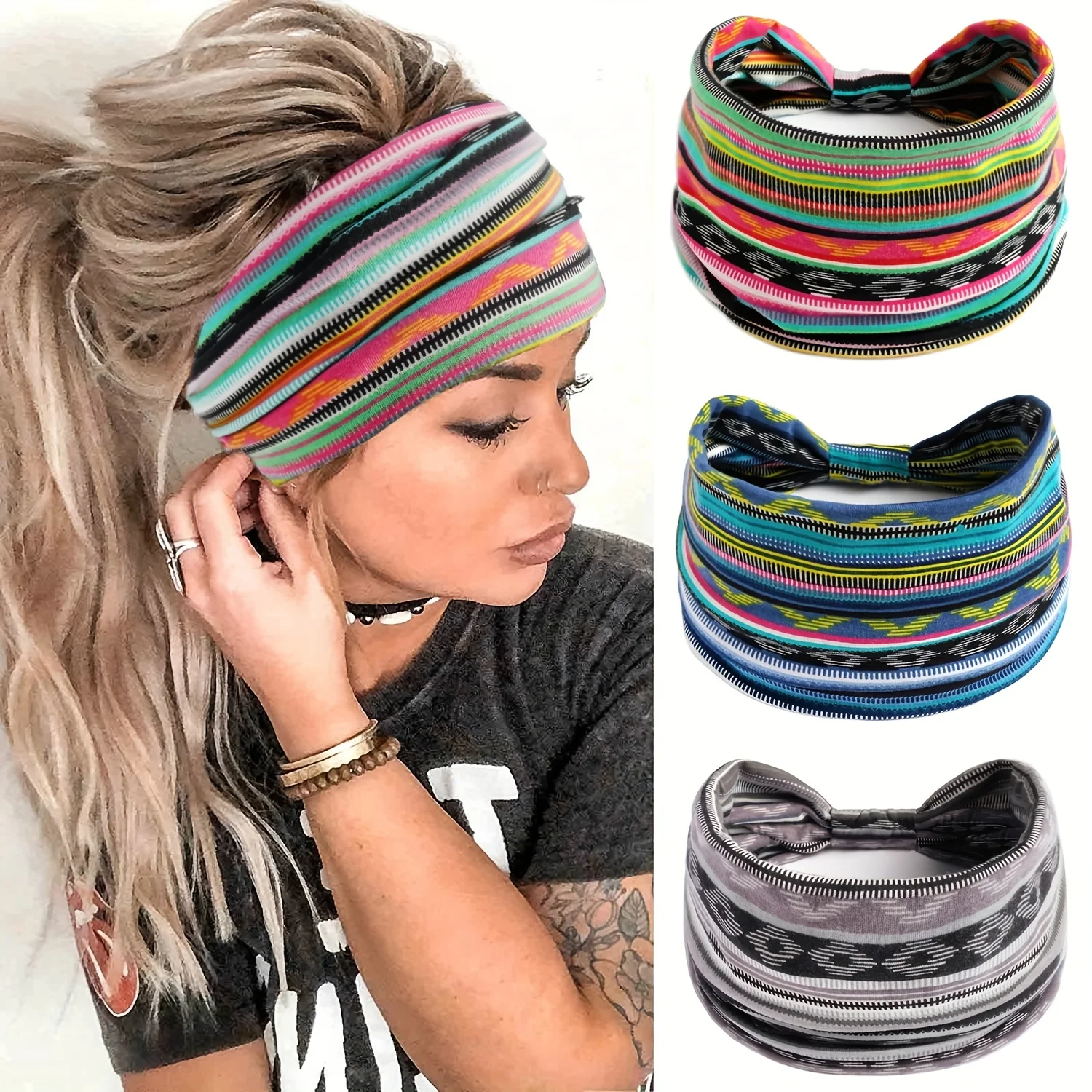 

1 Pc Bohemian Style Elastic Headscarf for Women - European American Fashion. Breathable Cotton Wide Brim Hair Accessory