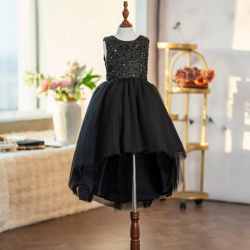 Girls Host Runway Gown Costume New  Performance Kids Sequin Formal Pageant Dress VestidoChildren Black High Low Elegant Violin