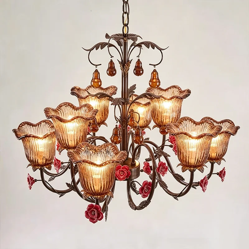 Vintage American Iron Floral Chandelier Glass Shades Rose Decor Living Room Bedroom Dining Room Indoor Designer Pendant Light