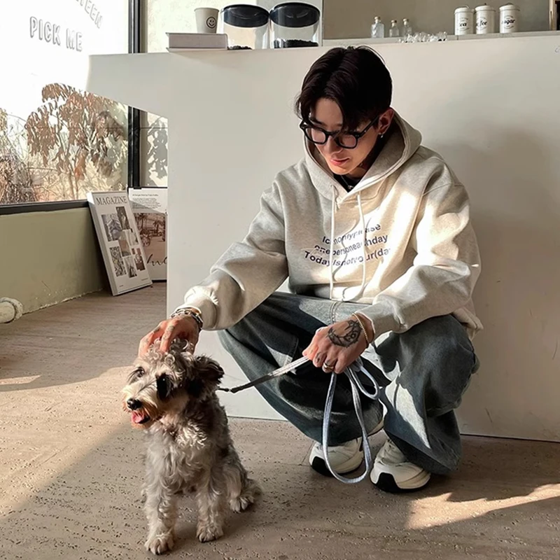 2025年秋 ハイストリート レタープリント コットン パーカー メンズ カジュアル Y2K ヴィンテージ フード付き スウェットシャツ ポケット プルオーバー パーカー