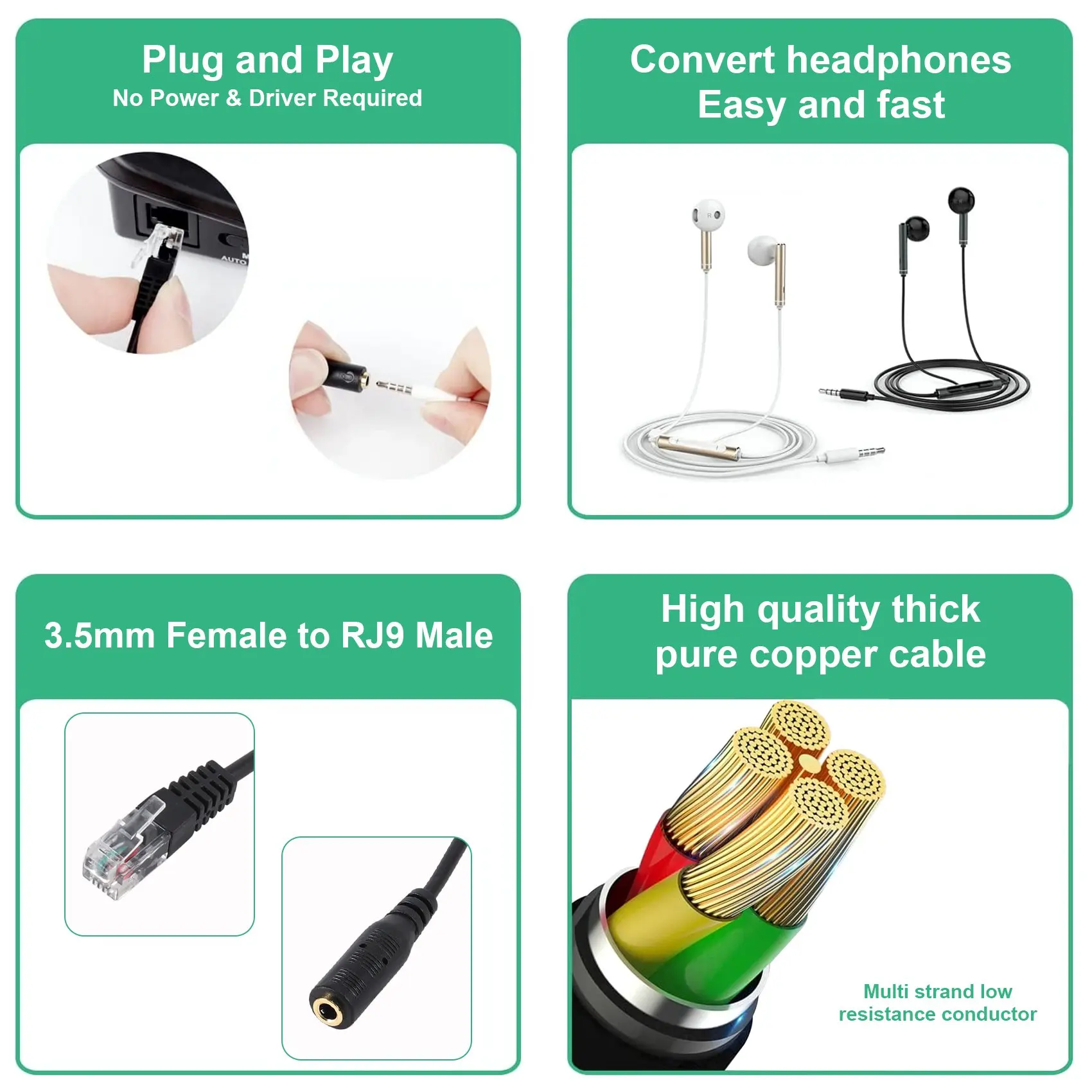 #13Q Consumer Electronics,3.5mm Plug Jack to RJ9 for iPhone Headset to for Cisco Office Phone Cable (black)