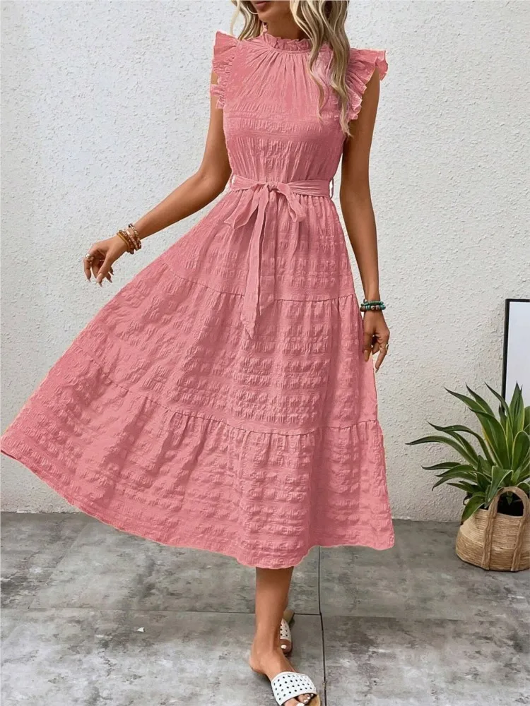 

Summer Women's Simple Casual Solid Color Sleeveless Dress Fashion Wooden Ear Flying Sleeves Lace-up Texture High-waisted Dresses