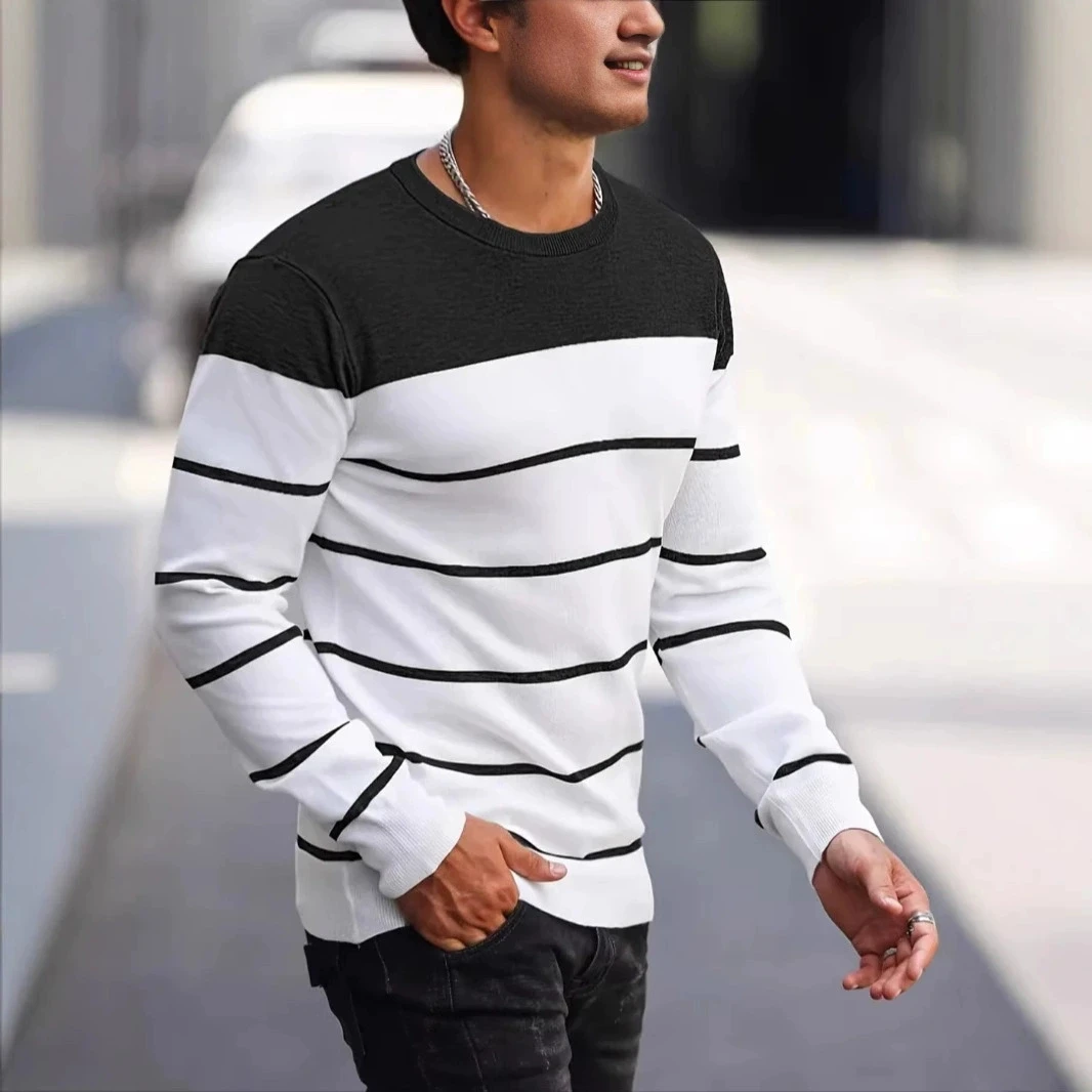 

New autumn and winter striped color blocked long sleeved men's knitted sweater, fashionable round neck men's casual sweater