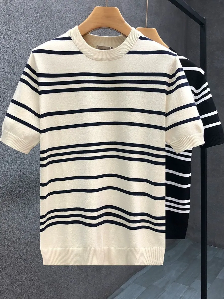 

High Quali Thin ort Sve Ice Silk Knitted Sweater for Men Summer Trendy Brand Casual Straight Fit Youthful Energy Sle