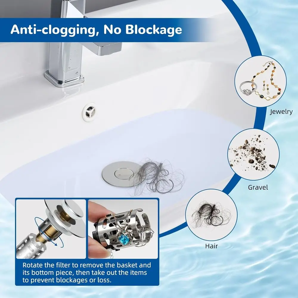 Upgraded 3-in-1 Sink Drain Strainer with Removable Stainless Steel Filter Basket, Hair Catcher, and Brass Core, Chrome Finish