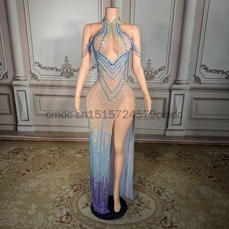 2026 Luxury Diamond Pendant Bead Chain Sexy Perspective Mesh Dress Party Birthday Fashion Contrast Evening Dress