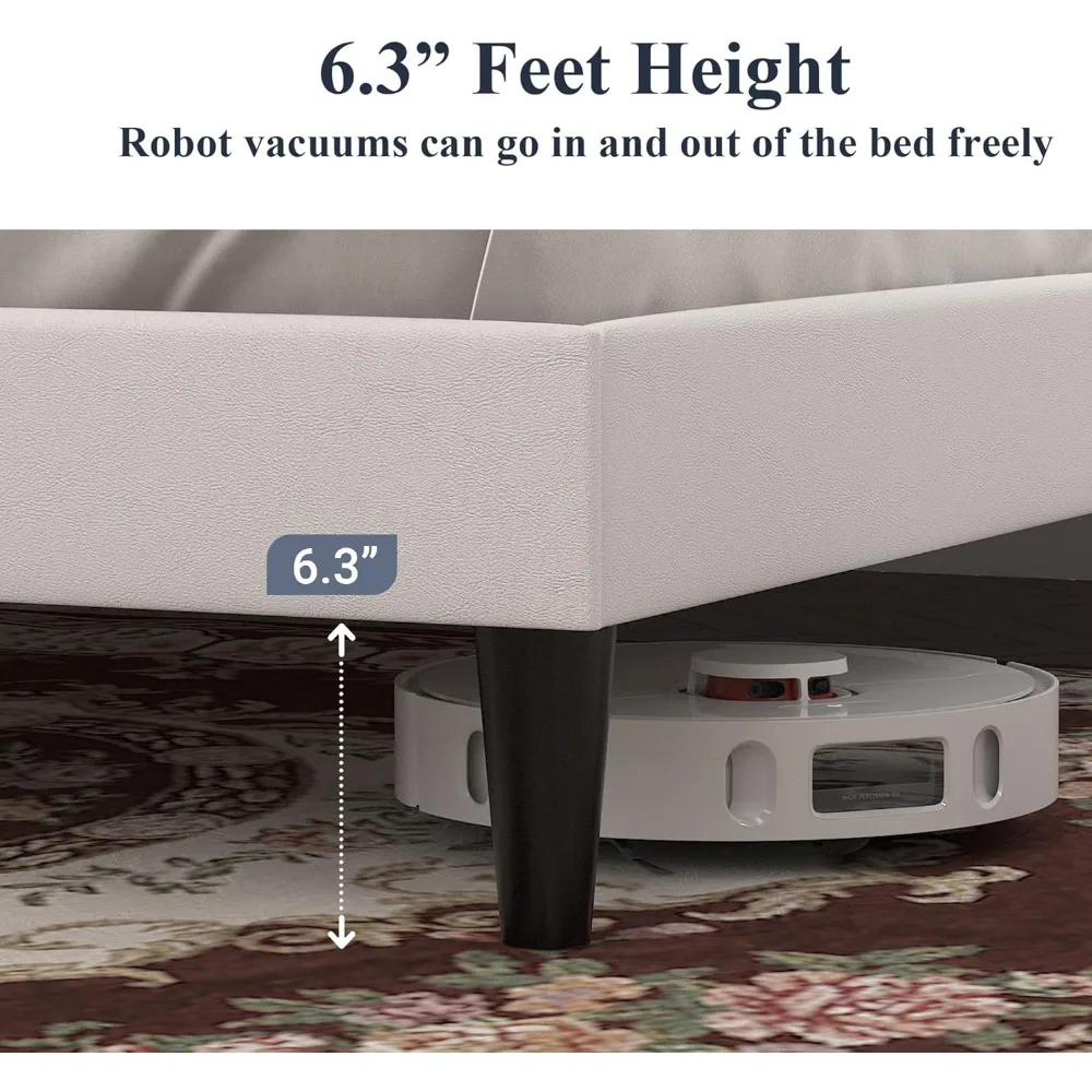 إطار سرير بمنصة كوين قابل للتعديل مع لوح رأسي من الجلد الصناعي وخياطة ماسية وشد أزرار ودعم شريحة خشبية #5