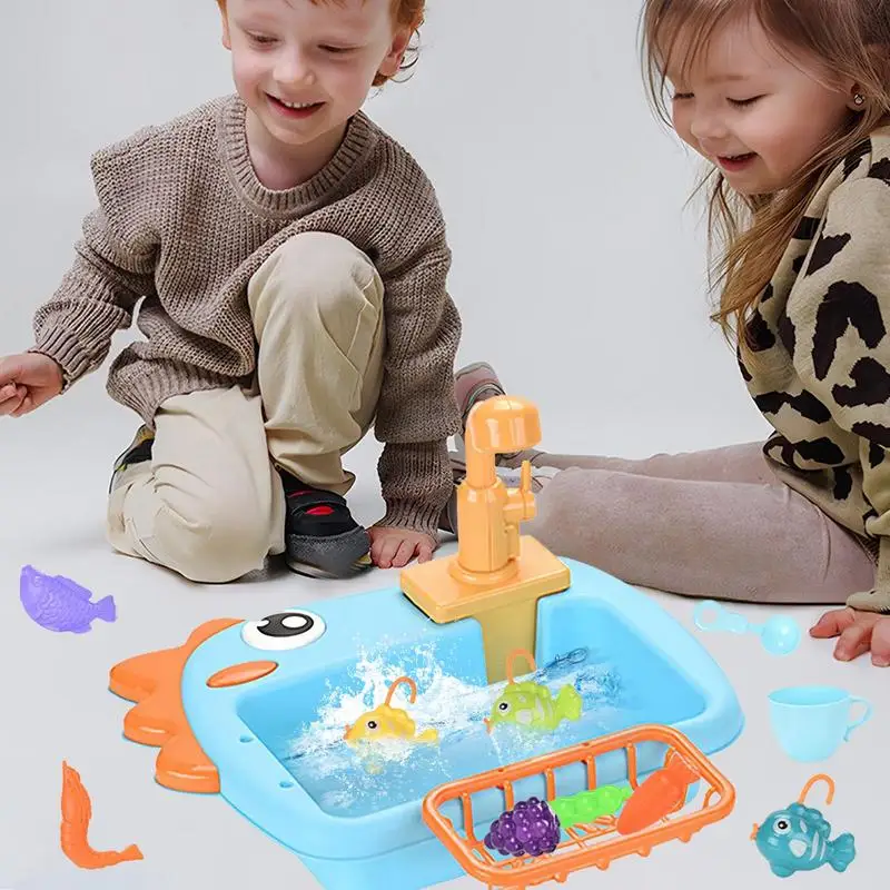 Lavello per bambini con lavello per acqua corrente che gioca con accessori per la tavola giocattolo Cucina multifunzionale Fai finta di giocare per divertimento