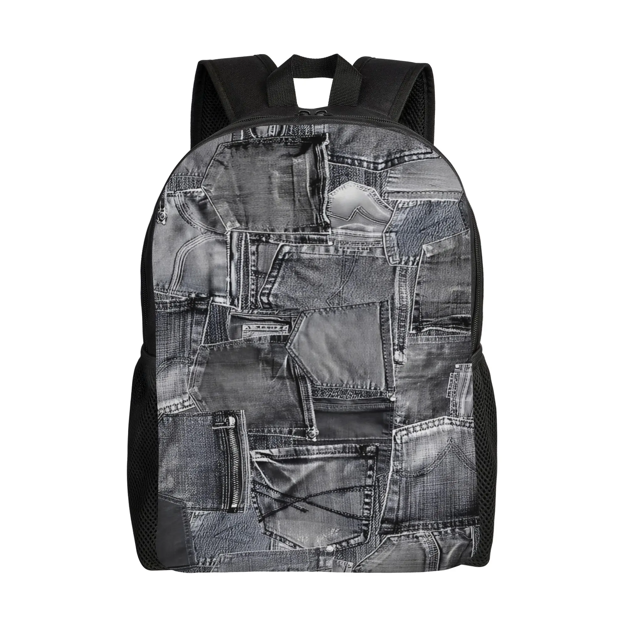 College Bag Back to school season Grey Denim Jeans Pocket Patchwork Design  Sturdy Shoulder Backpack