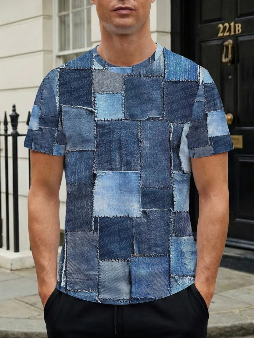 Summer Men's Printed Short Sleeve T-Shirt Faux Denim Patch Texture Parties Casual Attire Creative High Quality Men's Clothing
