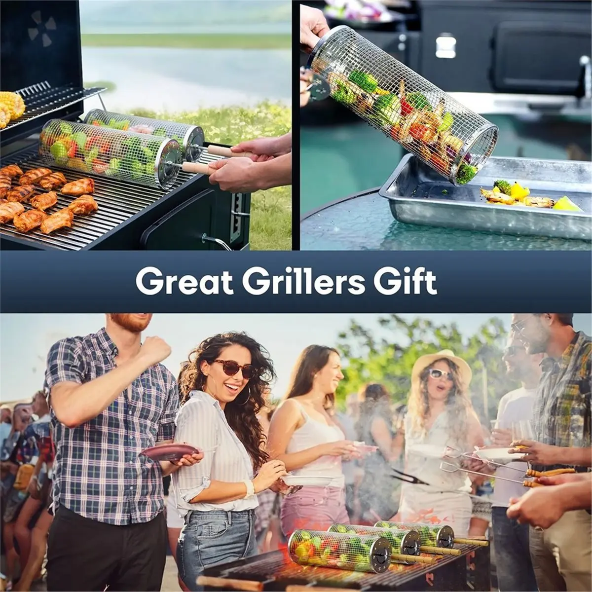 useful Camping Stainless Steel BBQ Grill Tube Thickened Rolling Rotating Barbecue Cage Net for Skewers,Vegetables Grilling Tool