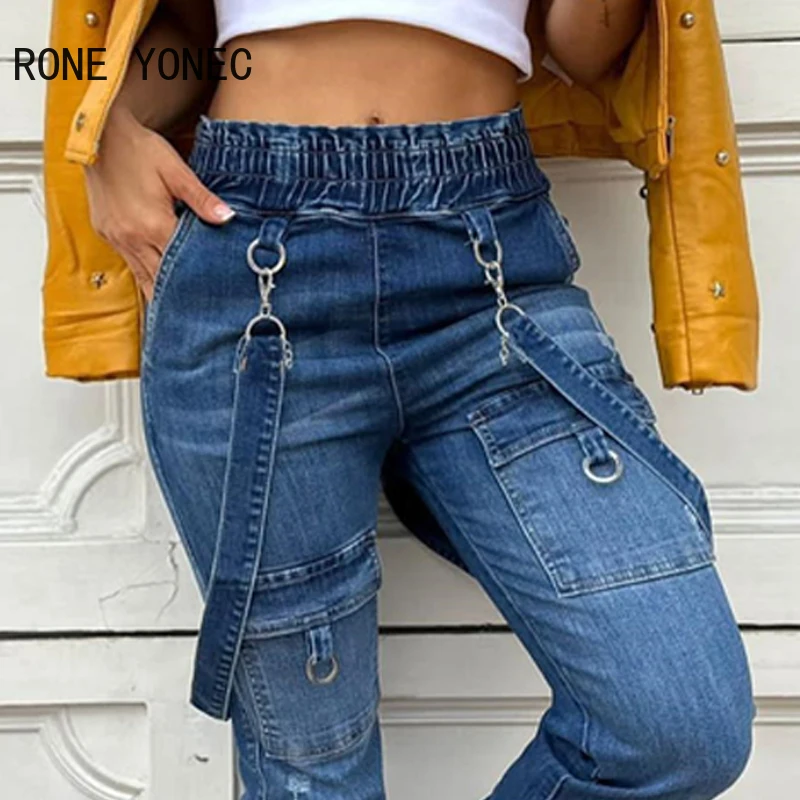 Women Fashion Chic Elastic Waist Thick Straps Hook Jeans Ankle Length Denim Pants