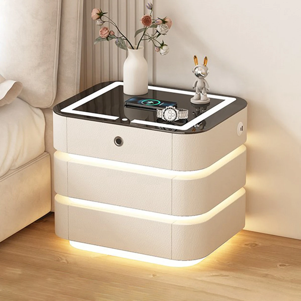 

Modern Lockable Smart Floating Bedside Table with Light Multifunctional Nightstand Cream Chargeable Three-drawer Bedside Table
