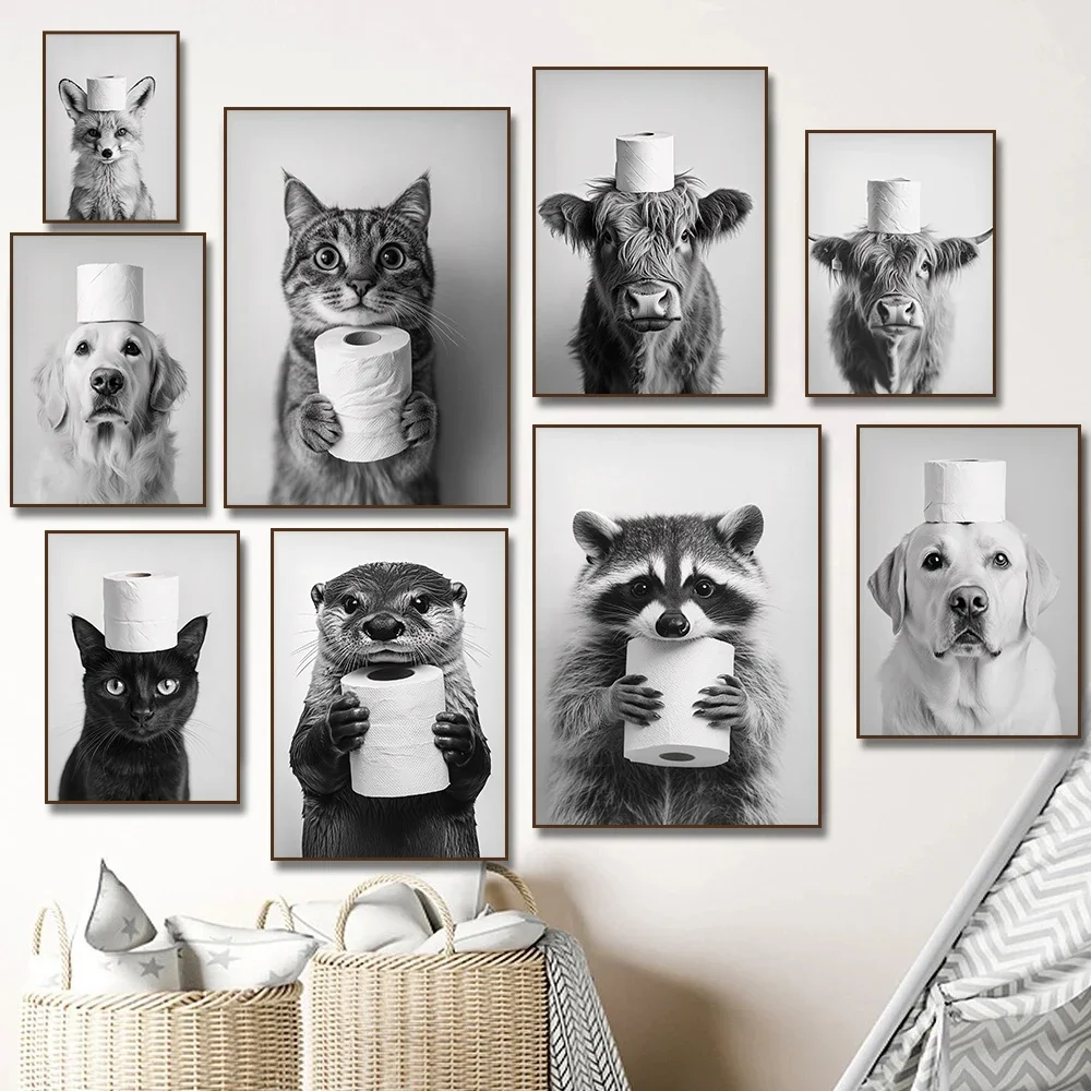 Affiche sur toile avec vache des Highlands, loutre, chat, raton laveur et rouleau de papier toilette, pour mur de salle de bain, humoristique sur les toilettes, décoration intérieure