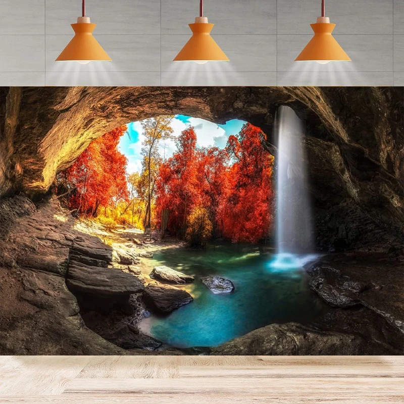 Mountain Cave Waterfall Photography Backdrop Cascade Red Trees Green Lake Autumn Nature Background Party Backdrop Wall Banner