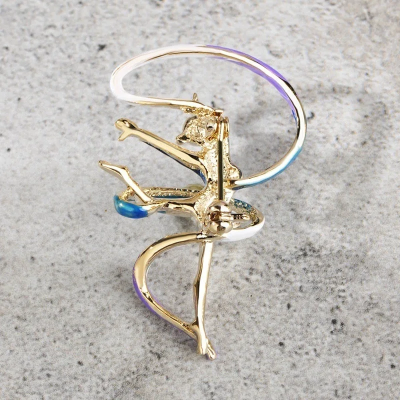 Sports Gymnastics Whirling Girls Ribbon Brooch Clothes Accessories Gold-color Enamel Brooches Lady Women Jewelry Pins