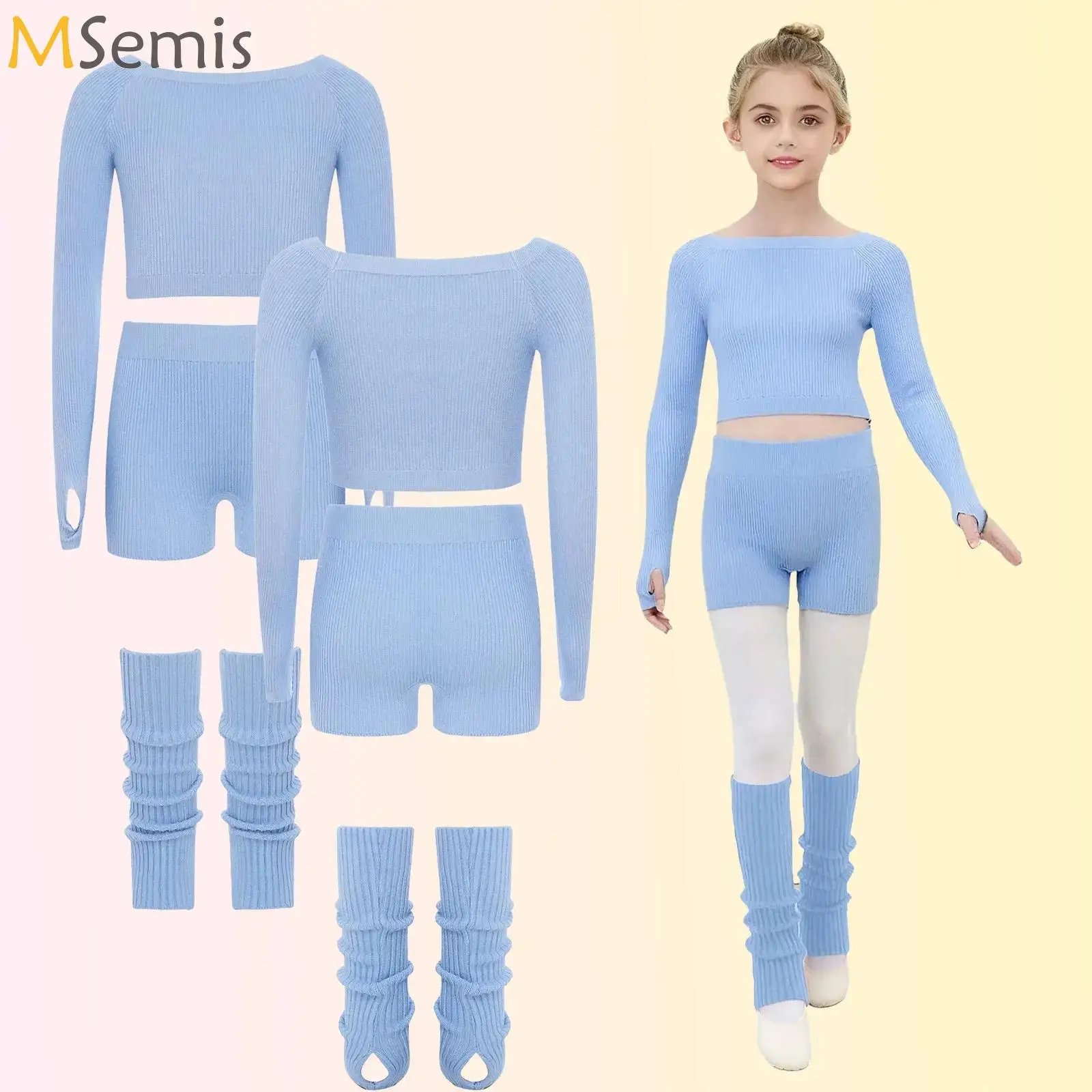 

Teen Children Autumn Winter Ballet Practice Warm-Up Costume Gymnastics Pullovers Long Sleeve Crop Top with Shorts + Leg Warmers