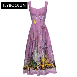 Runway Luxury Designer Dresses for Women, Elegant Evening Dress, Spaghetti Strap, Rabbit Flower Print, Vacation Party Dress, Sum