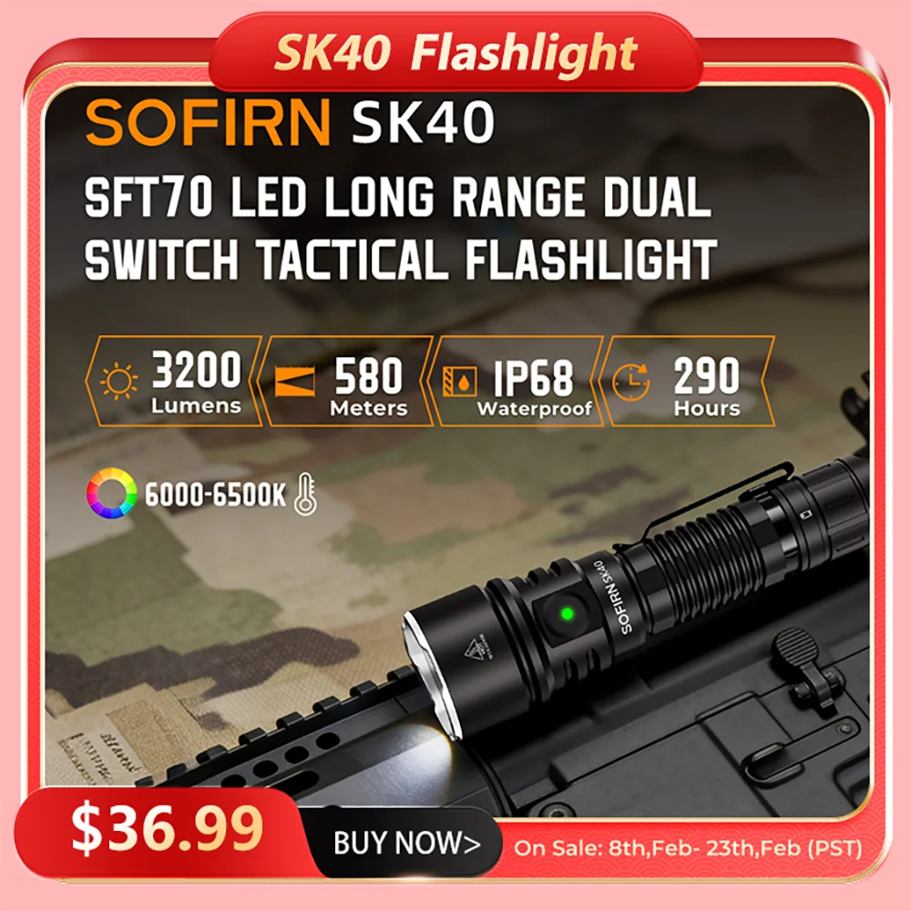 Sofirn SK40 21700 Rechargeable Flashlight  SFT70 LED 3200lm Powerful Tactical Torch 580M Long-Range With Spotlight