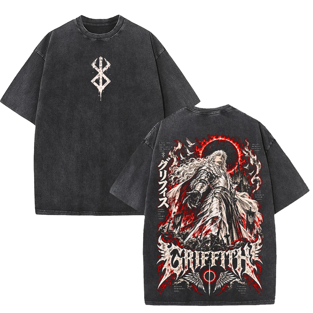 Berserk Manga Vintage Washed T Shirts Griffith Graphic Oversized Streetwear Men Women Short Sleeve Casual High Quality Tees Tops