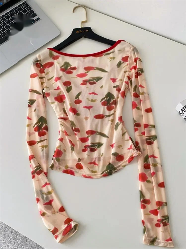 

Print Mesh Hotsweet Shirt Korean Style Backless Lace Up Slim Versatile Blouse Ladies Summer Cute Sexy Y2K Vintage Tops