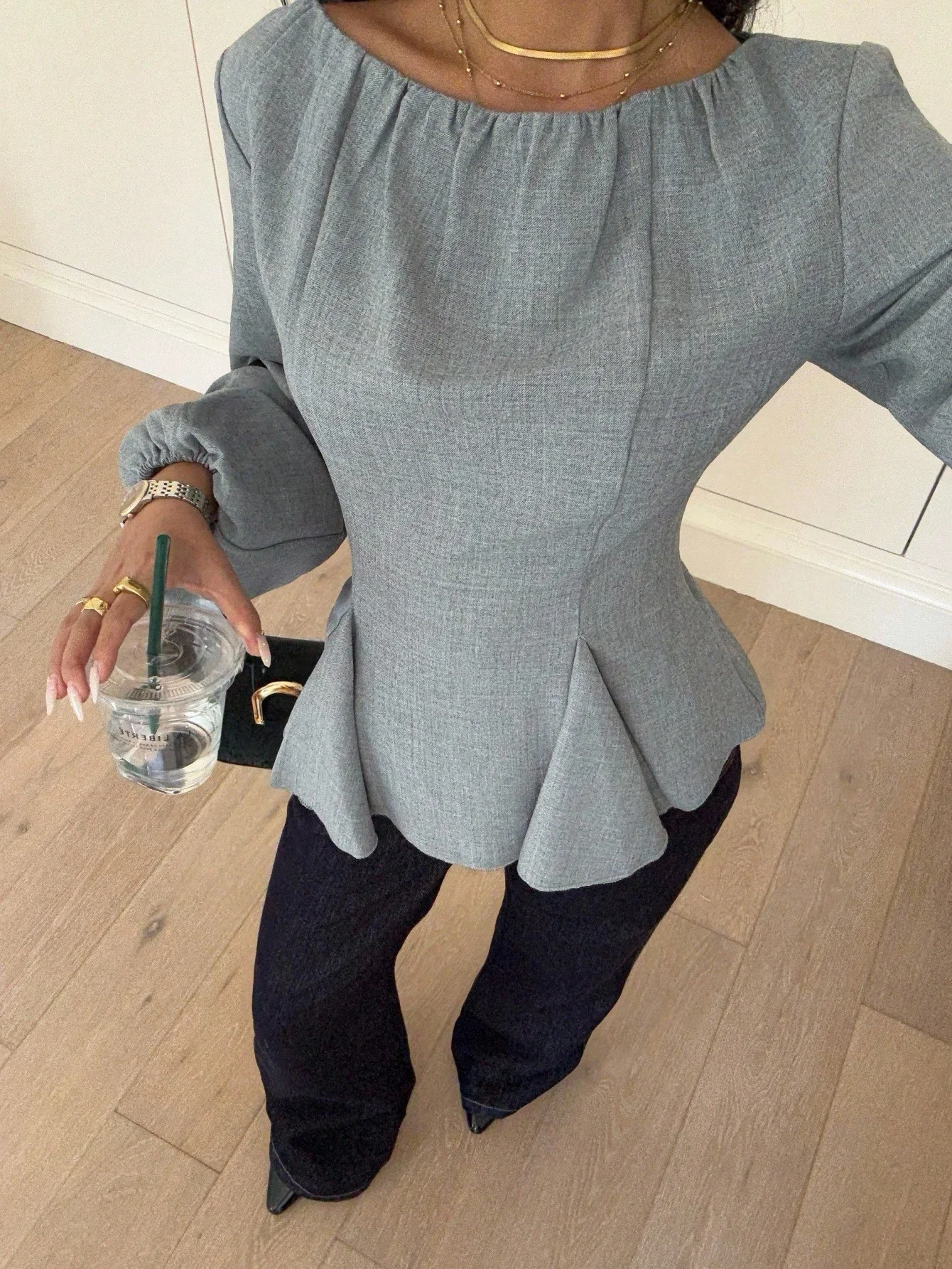 

Grey Solid Peplum Blouse With Ruffle Detail And Lantern Sleeve For Women