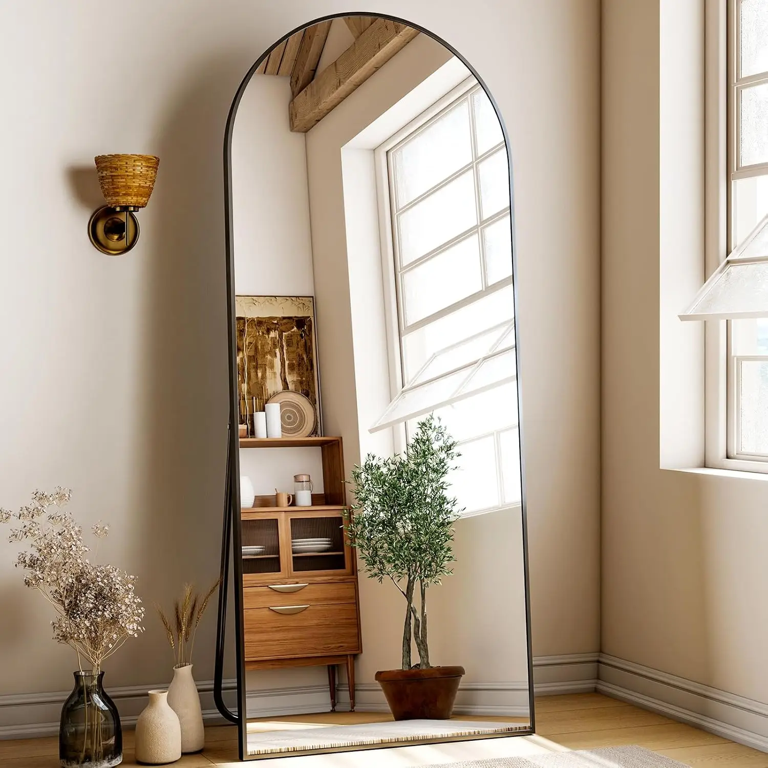 [Vendita calda! ]Specchi da pavimento a specchio ad arco a figura intera 24x68 con telaio in lega di alluminio Specchi da pavimento autoportanti montati a parete o L