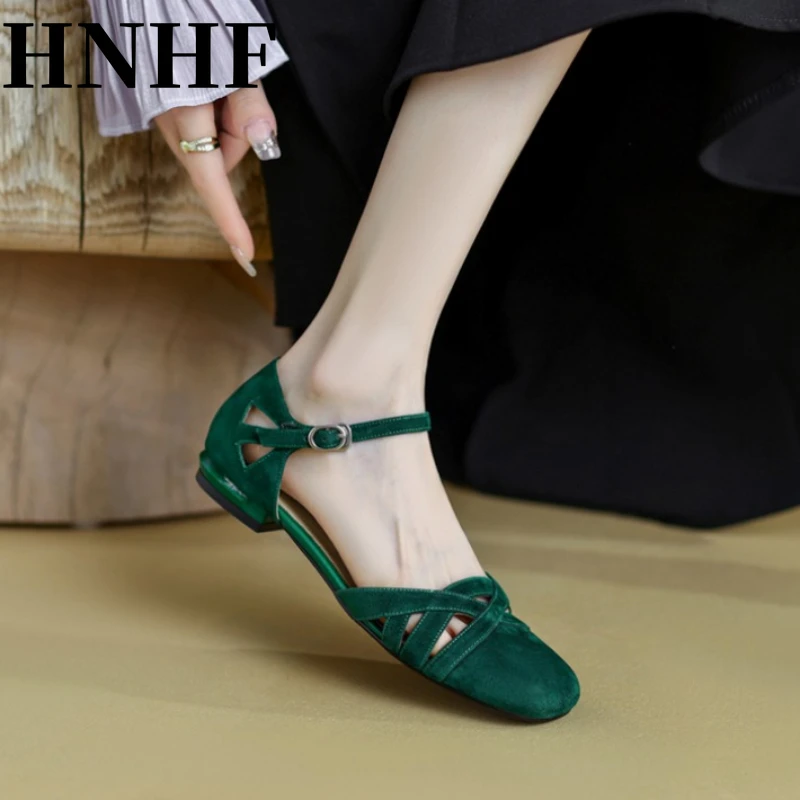 HNHF Women Fashion Classic Retro Roman Sandals Summer New Woman Temperament Round Head Hollow Frosted Low-Heeled Sandals