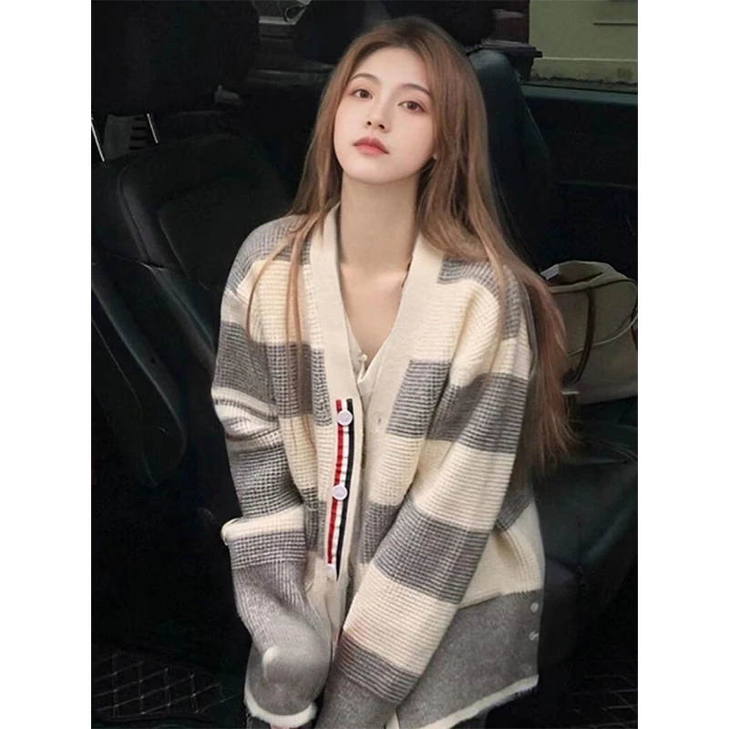 Preppy Style Striped Knitting Cardigan Coat Women Autumn Winter Loose Long Sleeve Sweater Office Lady All-match Knitwear Tops