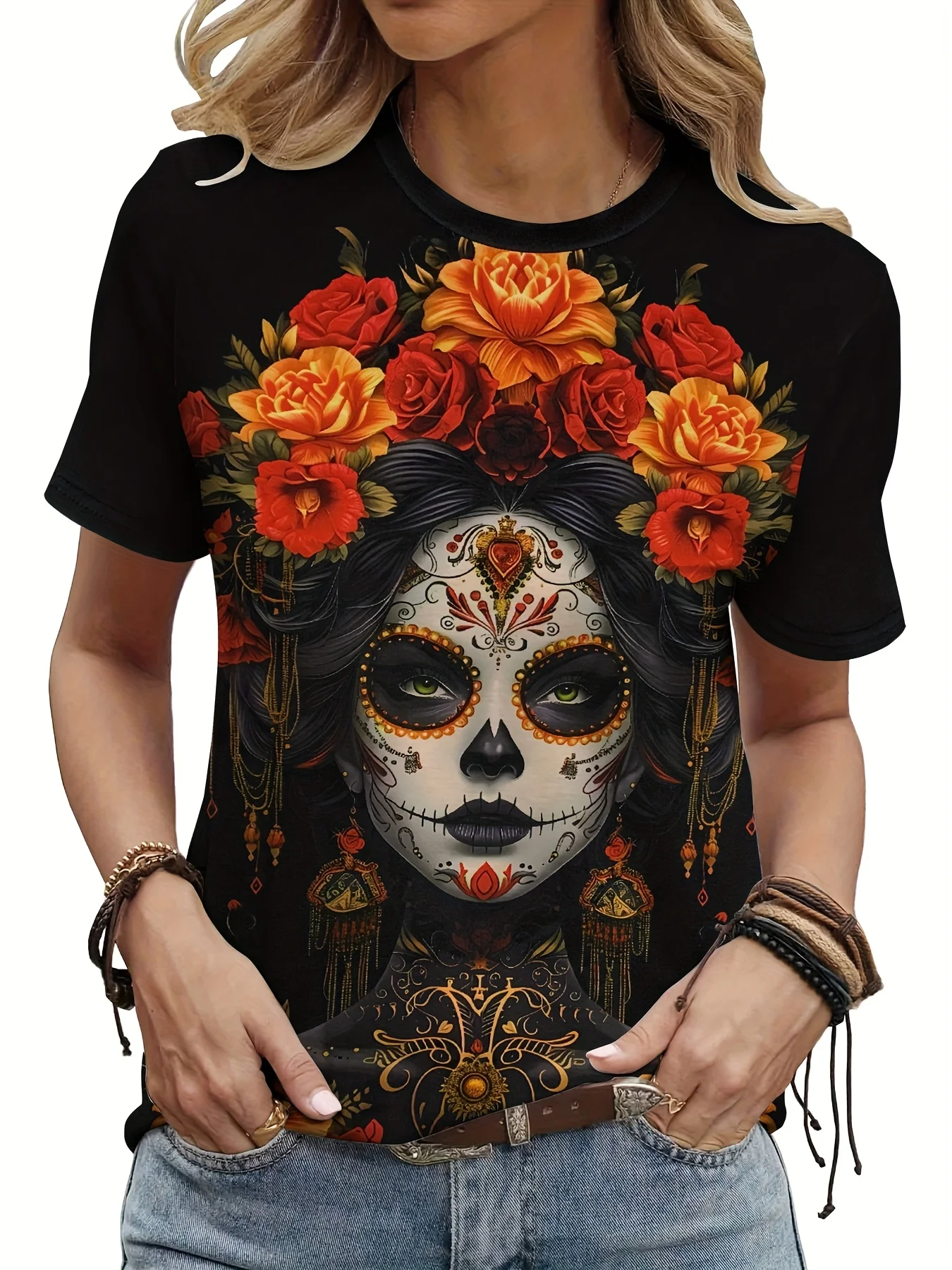 Women Day Of The Dead Sugar Skull Rose Print T‑Shirt Halloween O‑Neck Short Sleeve Tops