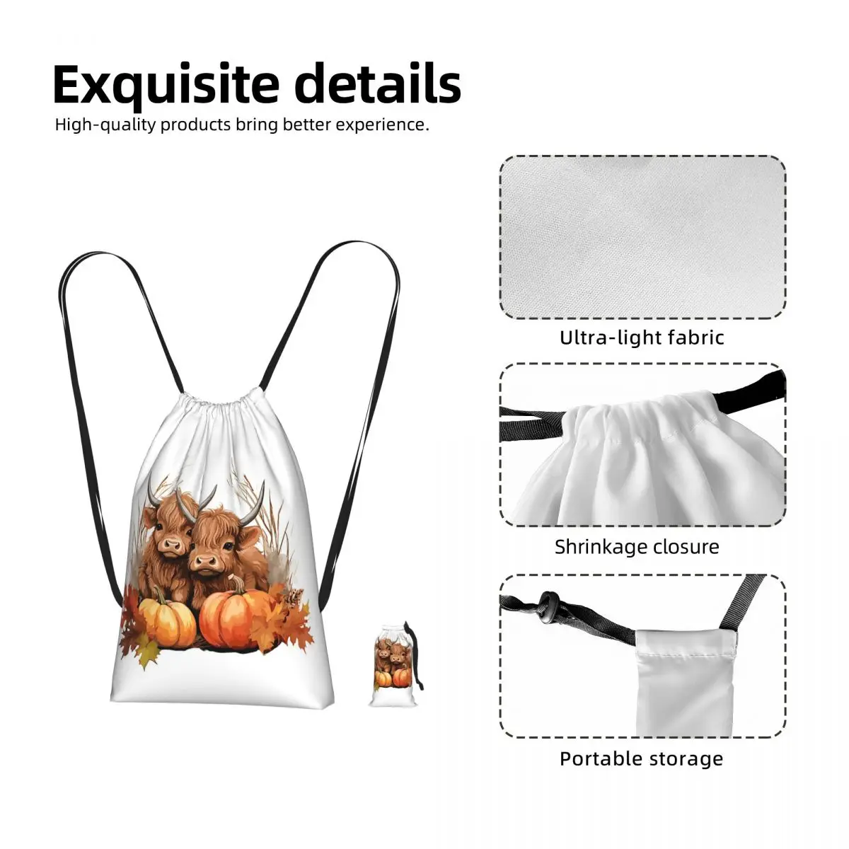 Highland Cow Calf Autumn Leaves Drawstring Backpack Sports Gym Bag Lightweight Foldable Storage Drawstring Bag for Men Women
