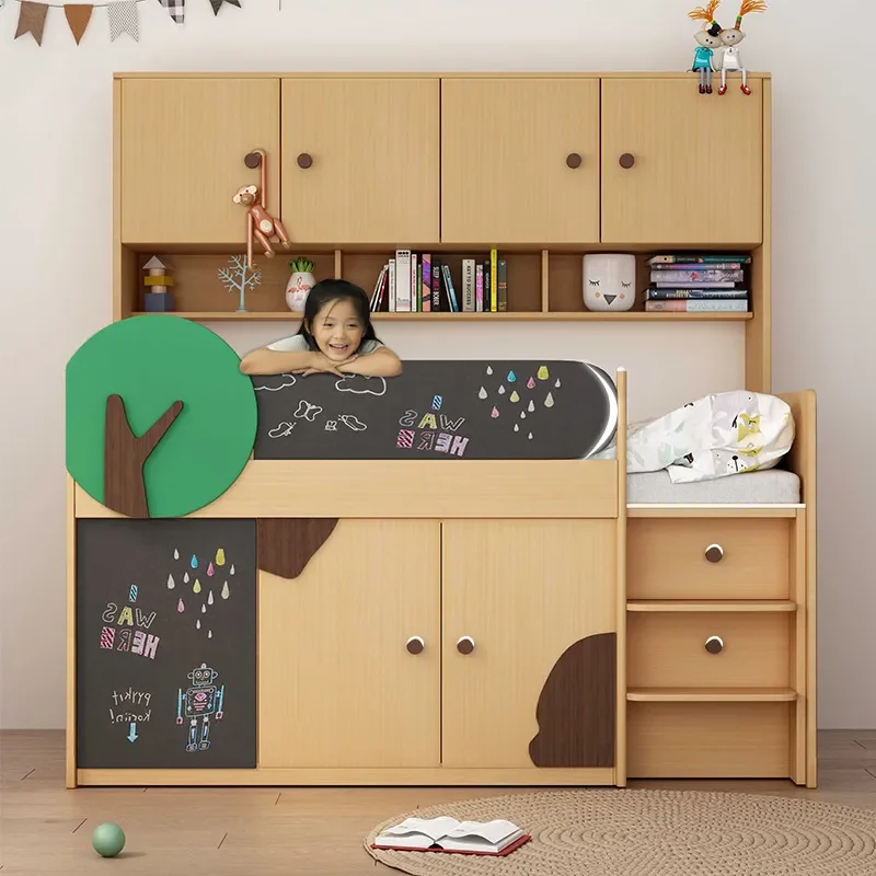 for Small Apartment Nordic Children Bed Half Height Boys Girls Multi Functional with Desk Combination Bed and Cabinet