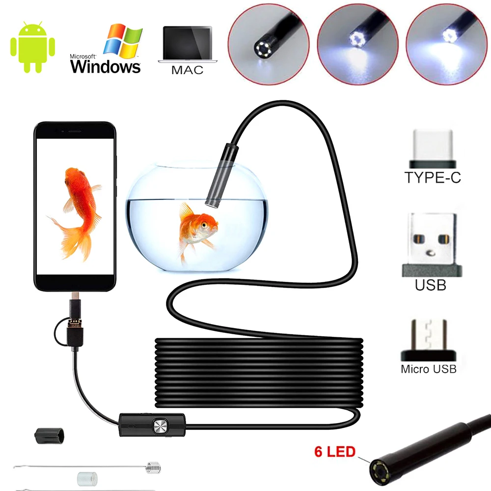 TIPO C USB Mini Endoscopio Macchina Fotografica 1m/2m/3.5m/5m 5.5mm Telefono Android OTG Cavo Duro Flessibile Serpente Periscopio Macchina