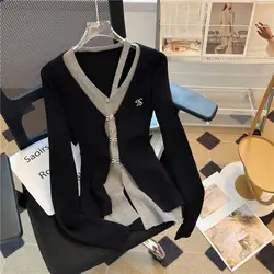 V-neck Fashion Patchwork Knitting Cardigan Women Autumn Winter Office Lady Solid Color Sweater All-match Slim Knitwear Tops