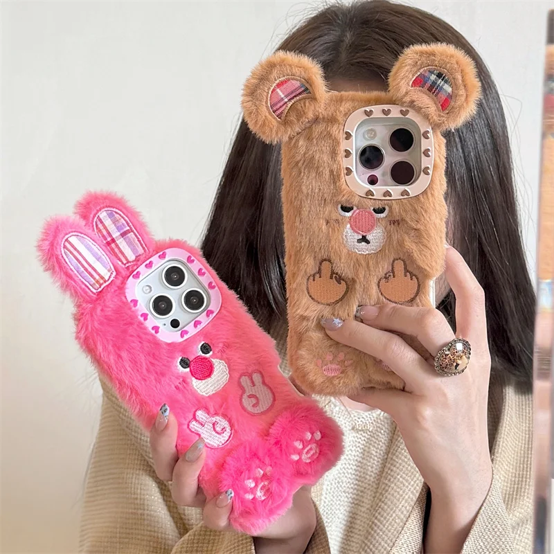 

Korean Cute Cartoon Plush Rabbit Bear Wool Sheep Fluffy Fur Case For iPhone 13 12 14 15 16 Pro Max Winter Fluffy Protect Cover