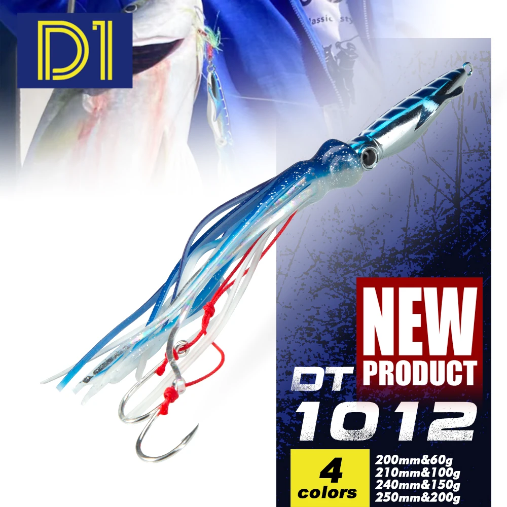 

D1 Metal Jig Head Soft Fishing Lure 60g/100g/150g/200g Luminous Biomimetic Squid Bait Saltwater Trolling For Tuna GT Fish Tackle