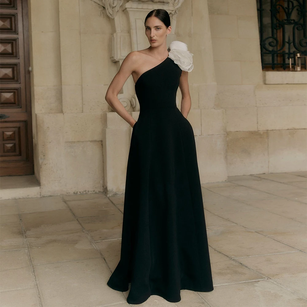 

Elegant Wedding Guest Dresses for Women One Shoulder Formal Party Gowns Long A Line 3D Flower Sleeveless Simple Bridesmaid Dress