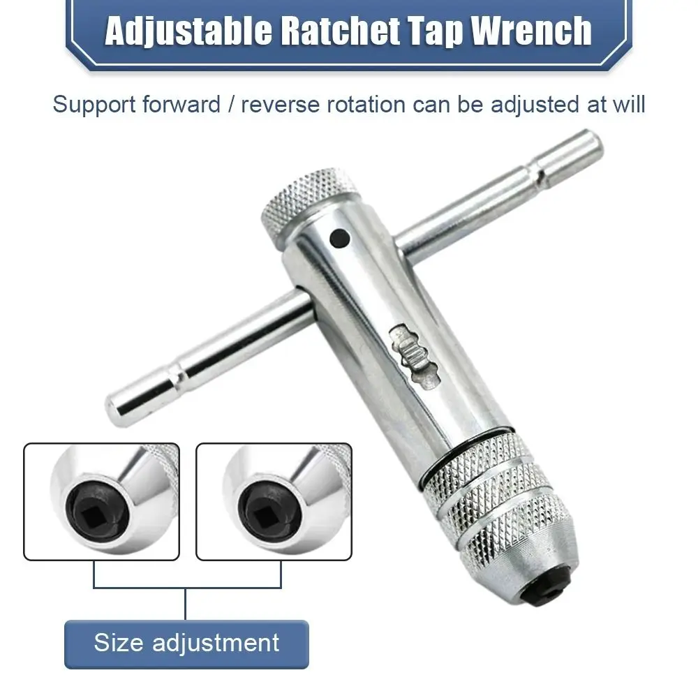 Adjustable Silver T-Handle Ratchet Tap Holder Wrench with 5pcs M3-M8 3mm-8mm Machine Screw Thread Metric Plug T-shaped Tap