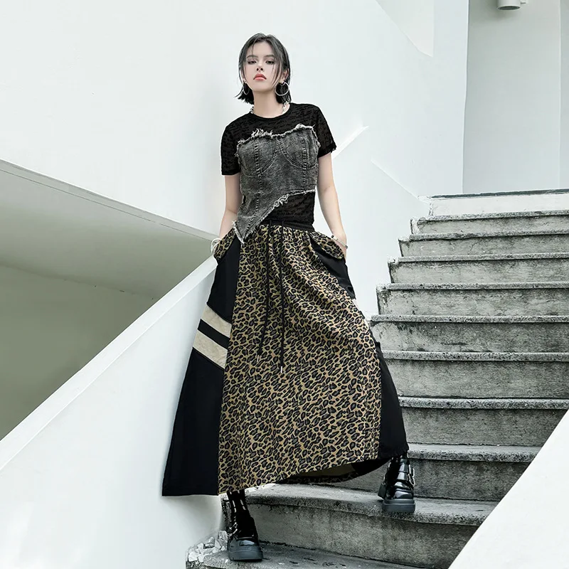 Women Spliced Denim Skirts Camouflage Leopard Skirt Ankle Lenth A Line Drawstring Waist Loose Elegant Casual 2025 Spring Autumn