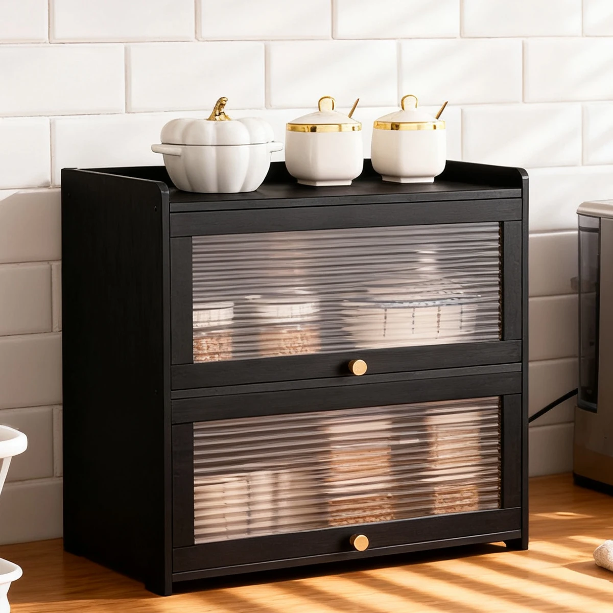 

Large Capacity 2-Tier Bamboo Breadbox with Frosted Panels, Farmhouse Kitchen Counter Storage for Bread, Rolls & Snacks(Black)