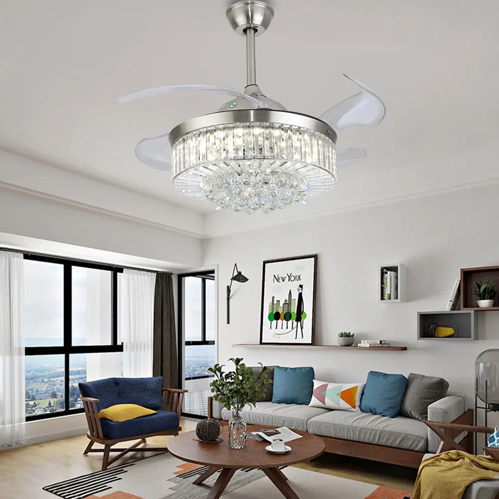 36" Retractable LED Ceiling Crystal Fan Dimmable Ceiling Fan Light Pendant Light Chandelier Lamp With Remote Control