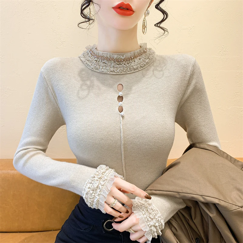 

2025, новинка, европейский, одежда, вязаный, свитер, женский, модный, сексуальный, с воротником-стойкой, выдалбливают, бисер, кружево, лоскутное шитье, длинный рукав, топы, 412133